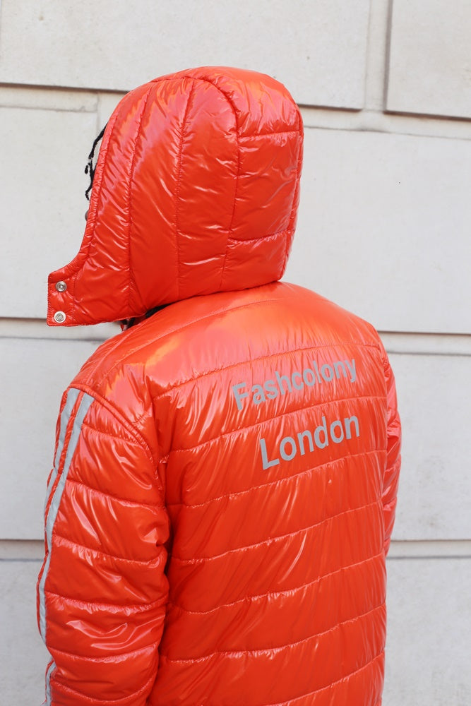 Puffer Long Coat with hoodies - Water Resistant - Orange