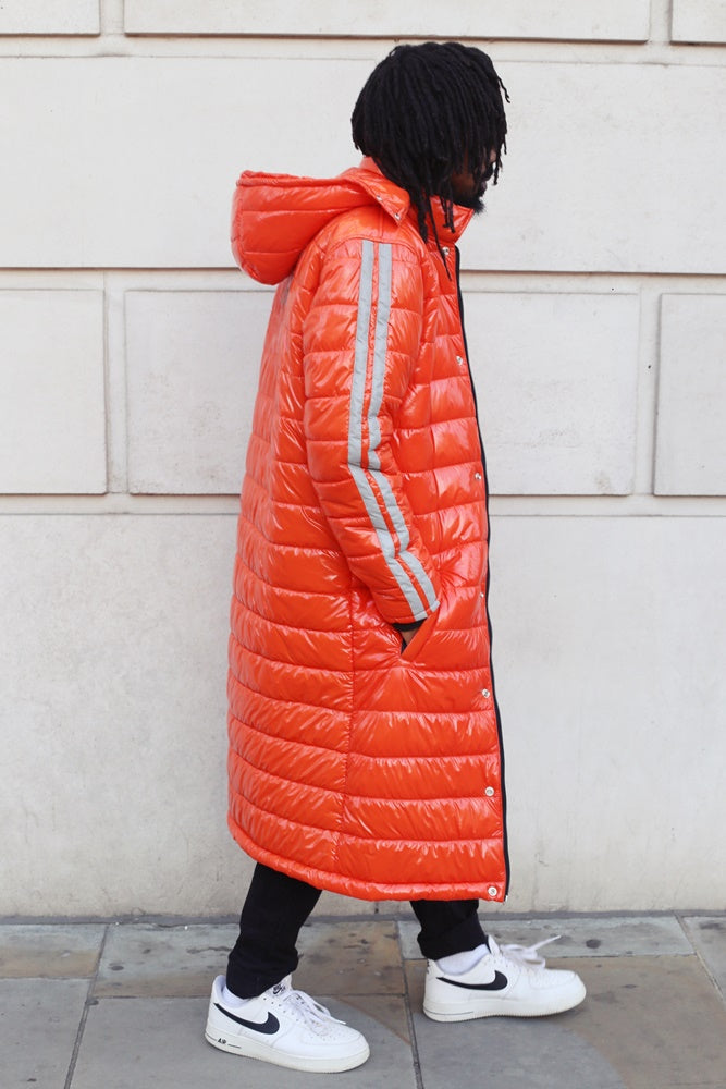 Puffer Long Coat with hoodies - Water Resistant - Orange