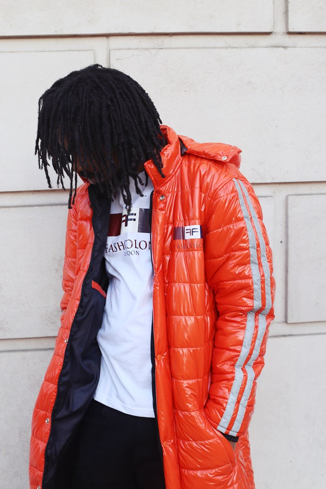 Puffer Long Coat with hoodies - Water Resistant - Orange